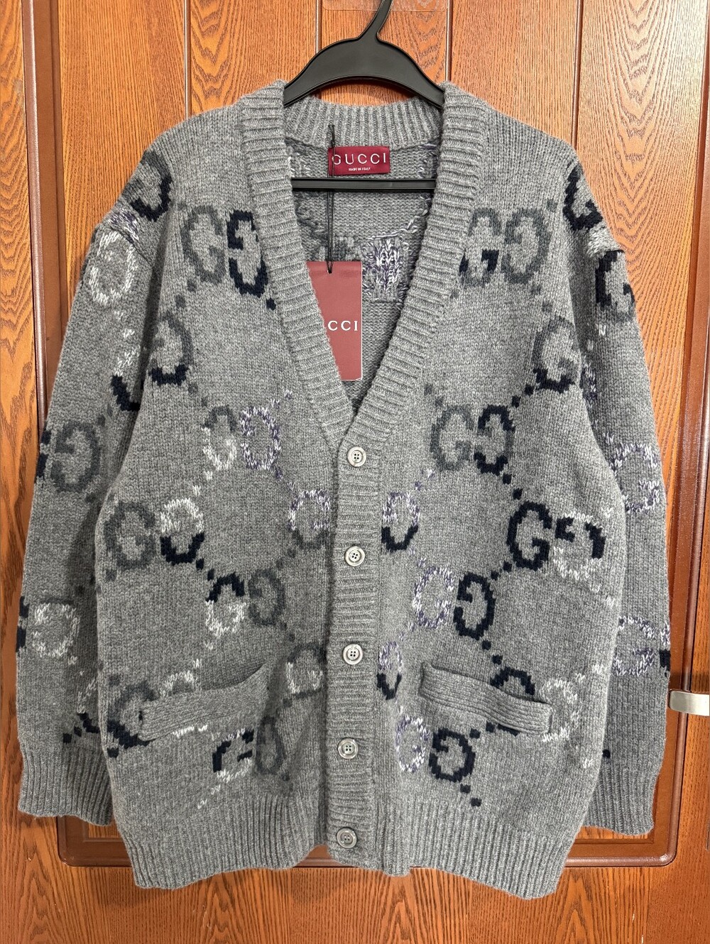 Gucci Grey GG Lettered Jacquard Knit Cardigan Sweater